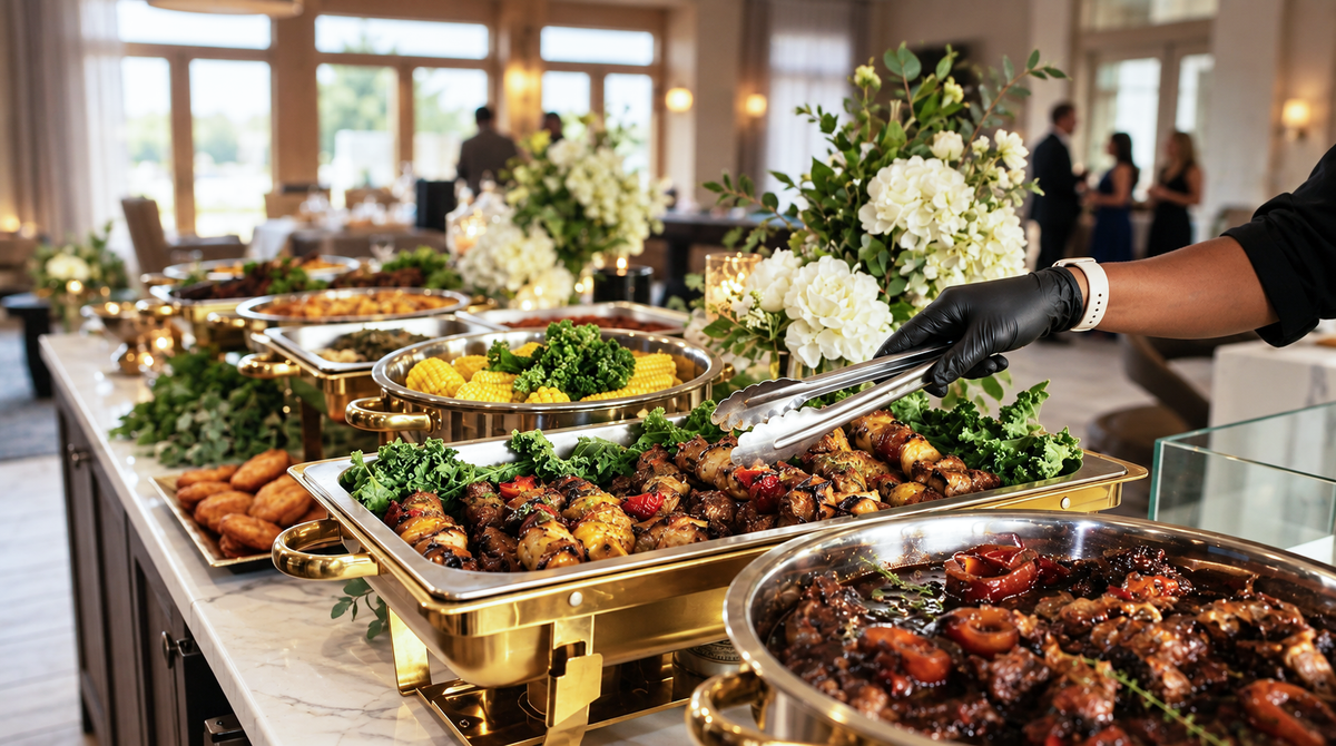 Elegant catered buffet with assorted dishes, gold serving-ware, and fresh floral arrangements.