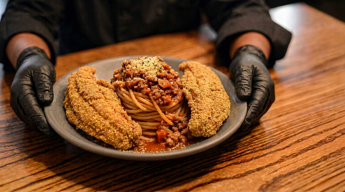 A plated pasta dish with meat sauce and breaded sides, held by Chef V. wearing black gloves, set on a wooden table.